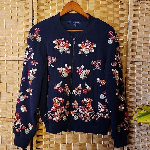 FRENCH CONNECTION Women's Embroidered Zip Mirrored Black Bomber Jacket Medium - Picture 5 of 13
